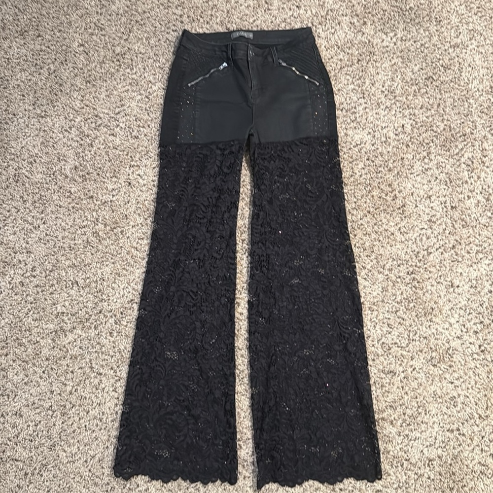 VINTAGE OASIS size 12 black rhinestone denim jeans/shorts w/sheer lace on bottom - Picture 5 of 8